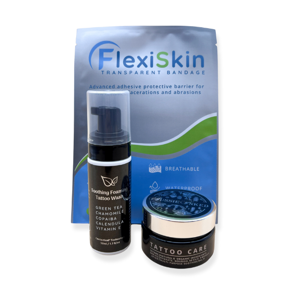 essential items to care for your new tattoo: 50mL soothing foaming tattoo wash, 50mL tattoo aftercare balm and 6 sheets tattoo bandage