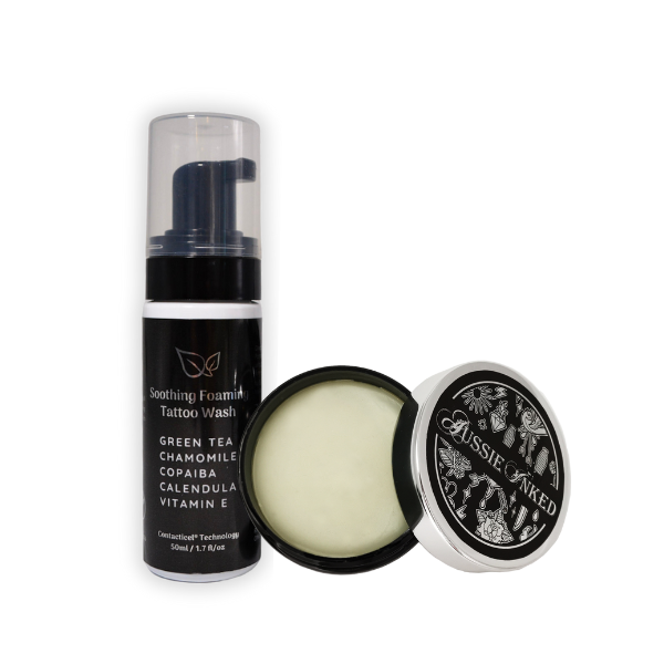 essential items to care for your new tattoo: 50mL soothing foaming tattoo wash and 50mL tattoo aftercare balm