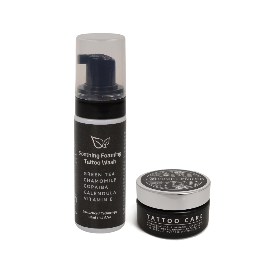 essential items to care for your new tattoo: 50mL soothing foaming tattoo wash and 50mL tattoo aftercare balm