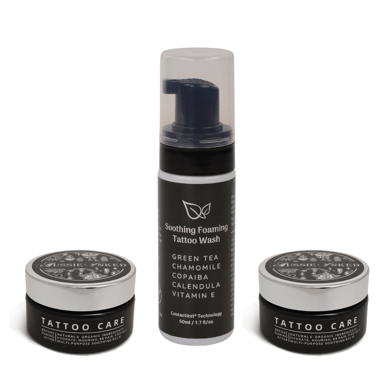 essential items to care for your new tattoo: 150mL soothing foaming tattoo wash, two 100mL tattoo aftercare balm