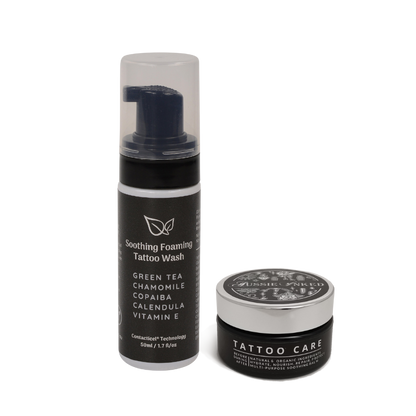 essential items to care for your new tattoo: 50mL soothing foaming tattoo wash and 50mL tattoo aftercare balm 