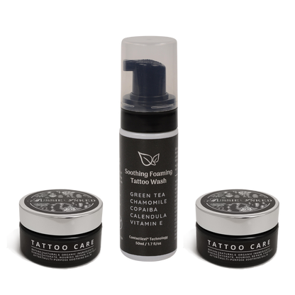 essential items to care for your new tattoo: 150mL soothing foaming tattoo wash, two 100mL tattoo aftercare balm